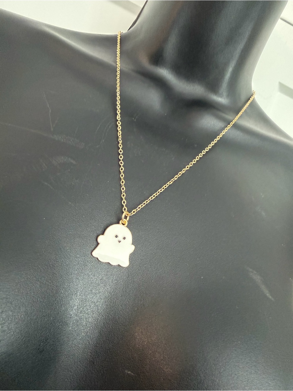 HALLOWEEN White Ghost Pendant Necklace and Earring Set with Gold Chain ACCENT. - Picture 3 of 10